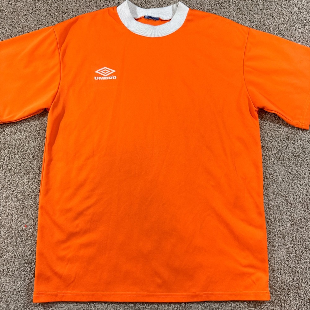 Umbro Soccer Jersey Mens L Orange Good Vintage Ribbed Crew Neck Short Sleeve